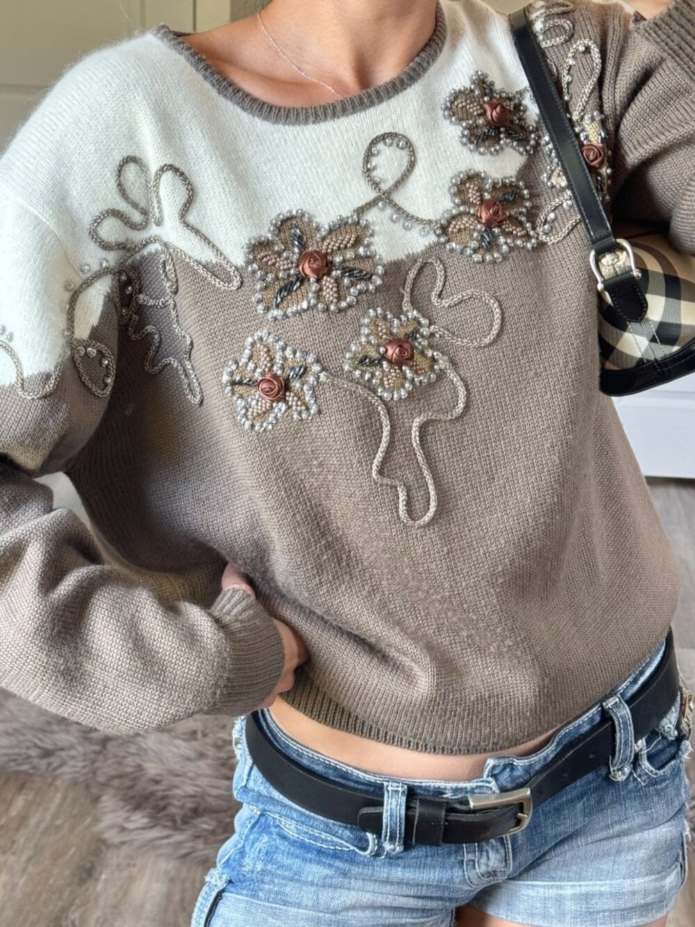 Vtg Michelle Nicole Beaded Floral Angora Blend Knit Sweater Cottagecore Grandma